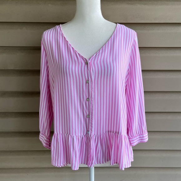 Jane and Delancey Tops - •Jane and Delancey• Pink Stripe Peplum Blouse - Size Large